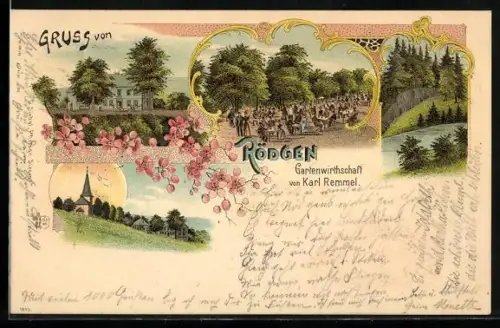 Lithographie Rödgen, Gasthaus von Karl Remmel, Blick zur Kirche