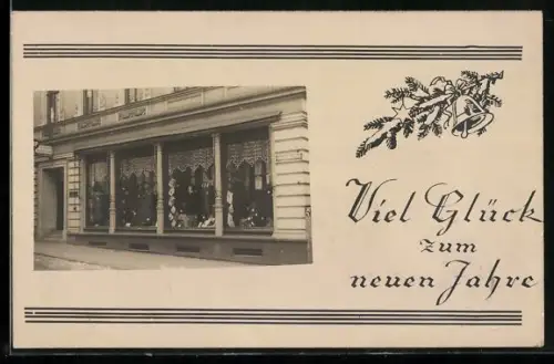 Foto-AK Halver, Geschäft Fastenrath in der Frankfurter Strasse, Neujahrsgruss