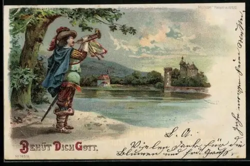 Lithographie Behüt Dich Gott - Zum Abschied just das rechte Wetter, Blitz und Donner im Gegenlicht