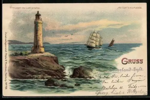 Lithographie Westerland /Sylt, Leuchtturm am Wasser und nahendes Segelschiff, Halt gegen das Licht