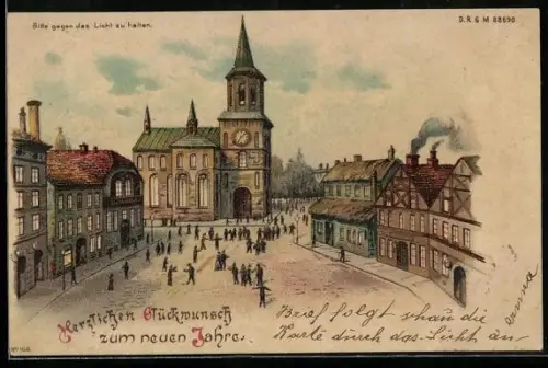 Lithographie Blick auf die Kirche, Mondlicht und Neujahrsgrüsse im Gegenlicht, Halt gegen das Licht