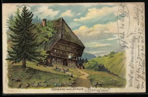 Lithographie Schwarzwaldhaus in Hügellandschaft, Mondschein und Fensterbeleuchtung im Gegenlicht, Halt gegen das Licht
