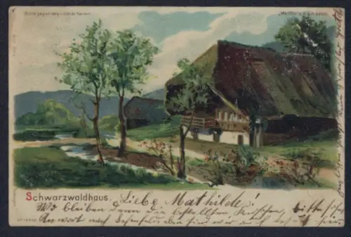 Lithographie Schwarzwaldhaus, Sonnenuntergang im Gegenlicht, Halt gegen das Licht