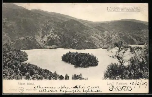 AK Loch Katrine, Ellens Island, Motiv in Farbe im Gegenlicht, Halt gegen das Licht