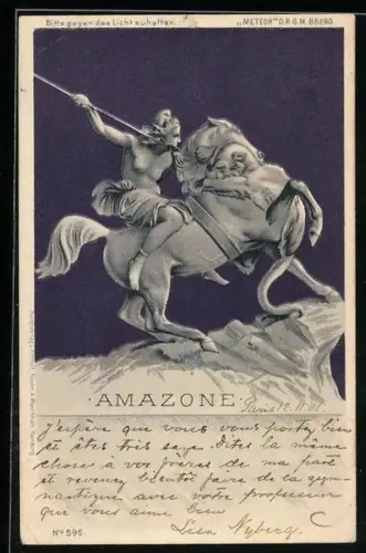 AK Amazone zu Pferde im Kampf gegen einen Löwen, Farbverlauf im Gegenlicht, Halt gegen das Licht