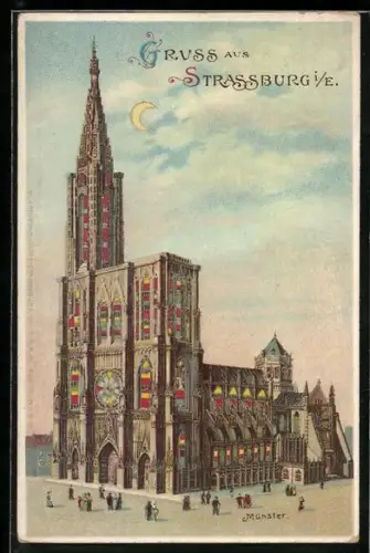 Lithographie Strassburg i. E., Münster mit leuchtenden Fenstern und Mondsichel im Gegenlicht, Halt gegen das Licht