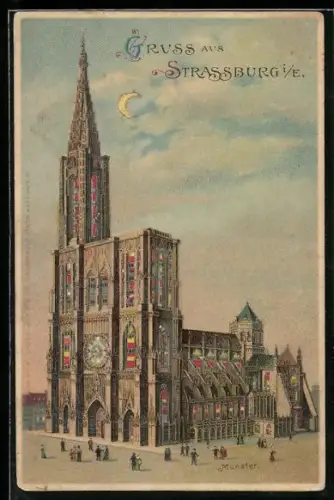 Lithographie Strassburg i. E., Münster mit Mondsichel und leuchtenden Fenstern im Gegenlicht, Halt gegen das Licht