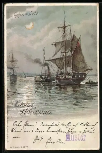 Lithographie Hamburg, Schiffe im Hafen bei Nacht mit leuchtendem Mond im Gegenlicht, Halt gegen das Licht