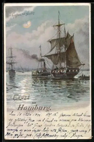 Lithographie Hamburg, Hafen bei Nacht mit auslaufenden Schiffen, Leuchtende Fenster im Gegenlicht, Halt gegen das Licht
