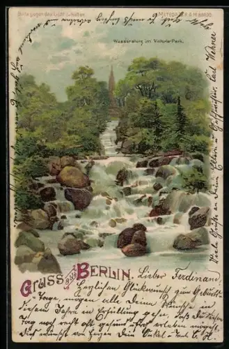 Lithographie Berlin, Wassersturz im Victoria-Park, Nachtansicht mit Mondschein im Gegenlicht, Halt gegen das Licht