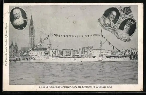 AK Anvers, Visite du croiseur cuirassé Antrim le 23 juillet 1906, Kriegsschiff