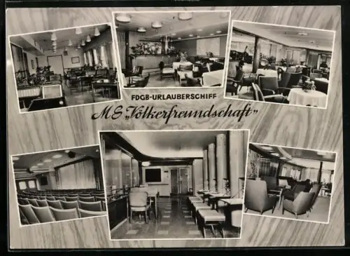 AK FDGB-Urlauberschiff MS Völkerfreundschaft, Verschiedene Interieur-Ansichten, Speiseraum, Bar