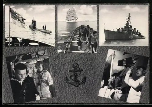 AK Zerstörer Z-1 der Bundesmarine mit Kennung D170, U-Boot in Überwasserfahrt, Segelschulschiff