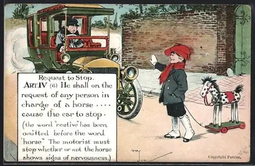 Künstler-AK sign. C. Crombie: Request to Stop, Knabe stoppt ein Auto