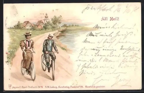 Lithographie Paar auf Fahrrädern in idyllischer Landschaft