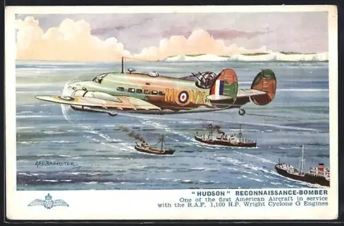 Künstler-AK Hudson Reconnaissance-Bomber in flight, Flugzeug