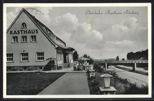 AK Rimberg, Autobahn-Rasthaus mit Terrasse neben der Autobahn