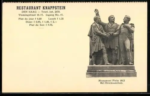 AK Den Haag, Restaurant Knappstein, Monument Plein 1813, Het Driemanschap