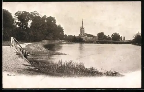 AK Marlow, Uferpartie mit Kirche