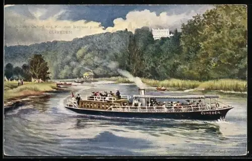 Künstler-AK Binnenschiff Cliveden auf einem Fluss