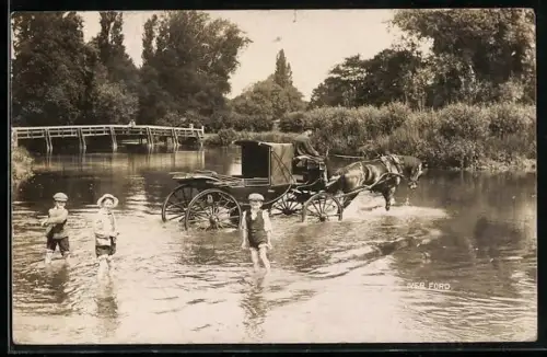 AK Iver, Ford, Carriage in the Water, Children, Bridge