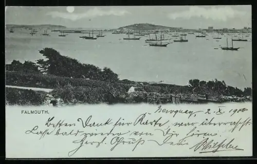 Mondschein-AK Falmouth, Panorama with ships
