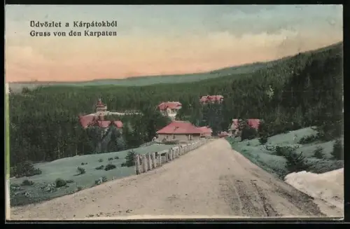 AK Karpaten, Landstrasse, Ortsschaft und Karpatenblick