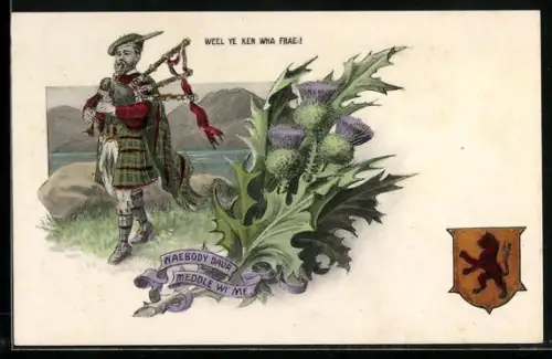 AK Weel Ye Ken Wha Frae!, Dudelsackspieler, Distel, Wappen