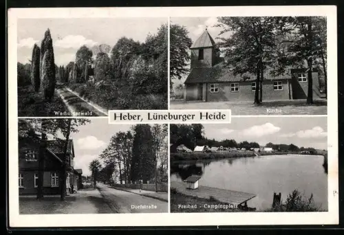 AK Heber /Lüneburger Heide, Wacholderwald, Kirche, Dorfstrasse, Freibad m. Campingplatz