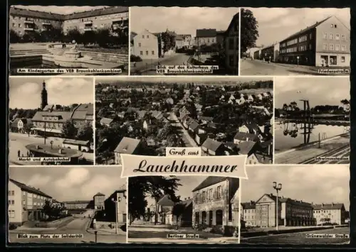 AK Lauchhammer, Markt u. Autobahnhof, Schwimmstadion, Kindergarten VEB Braunkohlenkombinat