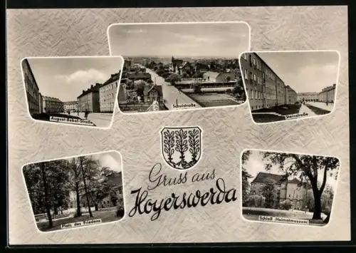 AK Hoyerswerda, Schulstrasse, August-Bebel-Strasse, Schloss Heimatmuseum, Wappen