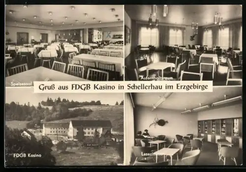 AK Schellerhau im Erzgebirge, FDGB Kasino, Speisesaal, Aufenthaltsraum, Leseraum
