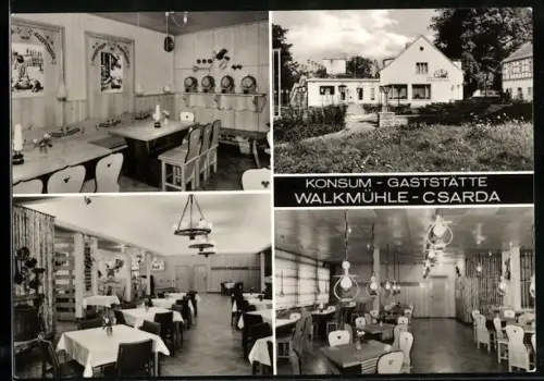 AK Sangerhausen, Konsum-Gaststätte Walkmühle-Csarda, Gastraum, Aussenansicht