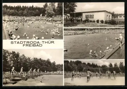 AK Stadtroda /Thür., Freibad, Schwimmbecken, Volleyballfeld, Gebäude