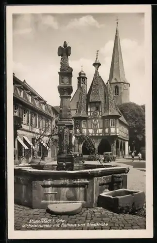 AK Michelstadt i. Odw., Michelsbrunnen mit Rathaus und Stadtkirche