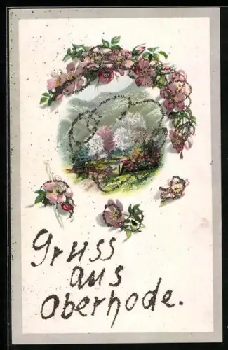 Künstler-AK Oberhode, Ortspartie im Frühling, Blumen, Glitter