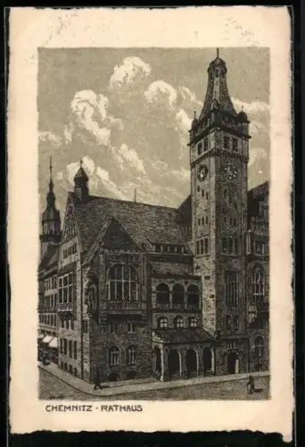 Künstler-AK Chemnitz, Rathaus aus der Vogelschau