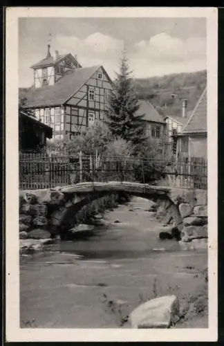 AK Trusetal /Th., Partie an der Truse, Brücke, Fachwerkhaus
