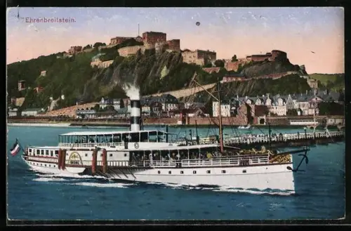 AK Coblenz, Festung Ehrenbreitstein, Rheindampfer Undine passiert die Schiffsbrücke