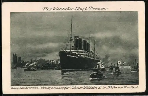 AK New York, NY, Doppelschrauben-Schnellpostdampfer Kaiser Wilhelm II im Hafen von New York, Passagierschiff