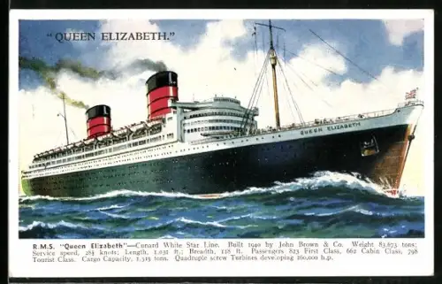 AK Passagierschiff RMS Queen Elizabeth der Cunard White Star Line auf dem Meer