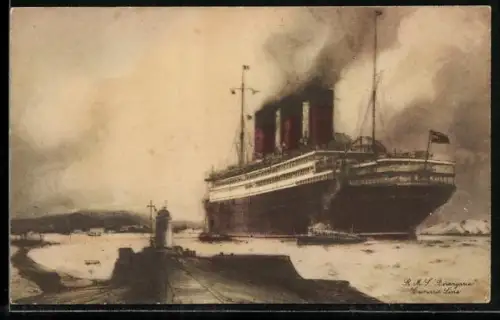 Künstler-AK Passagierschiff RMS Berengaria vor dem Hafen, Cunard Line