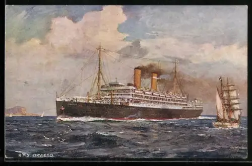 AK Passagierschiff R.M.S. Orvieto auf See wird von Zweimast-Segler passiert