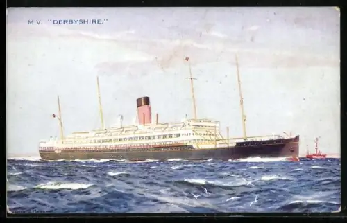 Künstler-AK Passagierschiff M.V. Derbyshire passiert britisches Feuerschiff