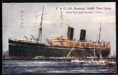 AK Passagierschiff SS Ranpura der P. & O. mit zahlreichen Ruderbooten und Dhaus längsseits