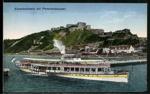 AK Ehrenbreitstein, Teilansicht mit Personendampfer Frauenlob auf dem Rhein