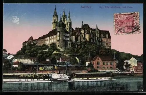 AK Meissen, Passagierschiff König Georg am Ufer der Elbe unterhalb der Albrechtsburg
