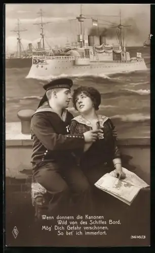 AK Wenn donnern die Kanonen..., Matrose eines deutschen Kriegsschiffes mit seiner Liebsten