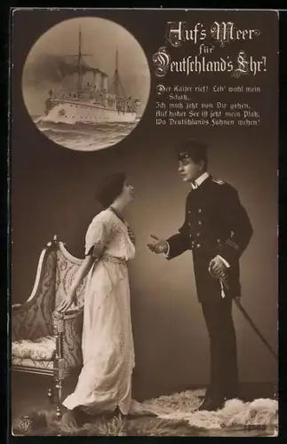AK Seeoffizier der Kaiserlichen Marine mit Säbel mit seiner Liebsten, Kanonenboot hohe Fahrt laufend