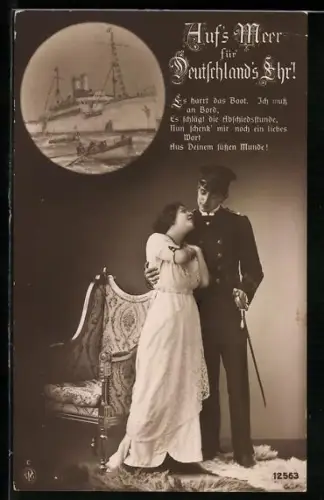 AK Seeoffizier der Kaiserlichen Marine mit Säbel hält seine Liebste im Arm